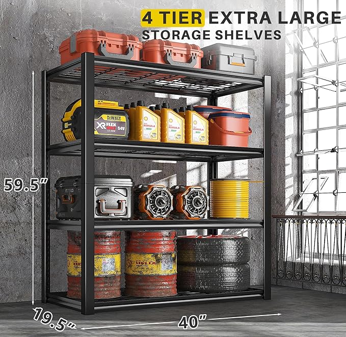 REIBII 40" W Garage Shelving 2240 LBS Storage Shelves Adjustable Metal Shelving Heavy Duty 4 Tier Metal Shelves for Storage Pantry Basement Warehouse 40" W × 19.5" D × 59.5" H, 2 Pack