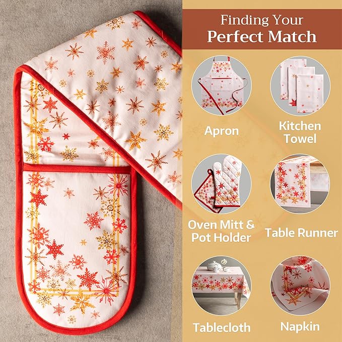 Maison d' Hermine Double Oven Mitt (7" x 35") 100% Cotton Heat Resistant BBQ Cooking Gloves with Loop for Thanksgiving Christmas Decorations Baking Cooking Barbeque Handling Hot Pan (Crystal Star)