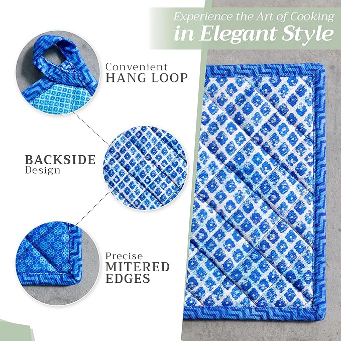 Maison d' Hermine Pot Holders 100% Cotton Heat Resistant Potholders 8" x 8" Hot Pads with Loop BBQ, Cooking, Baking, Grilling, Kitchen, Handling Hot Pans Spring/Summer (Pack of 1, Indigo Love)