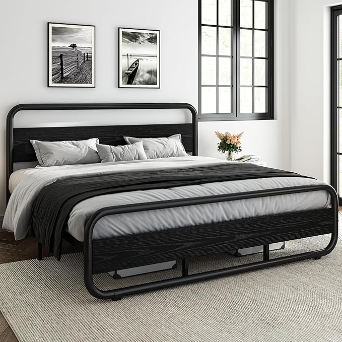 Catrimown King Size Bed Frame, Metal Black Bed Frame with Wood Headboard and Footboard, LED Platform Bed Frame with 12" Under Bed Storage, Noise Free, No Box Spring Needed