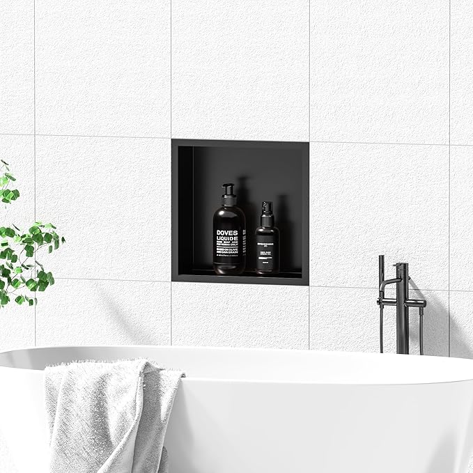 Stainless Steel Shower Niche 12" X 12", No Tile Needed Wall Niche, Recessed Shower Shelf for Bathroom Storage, Matte Black