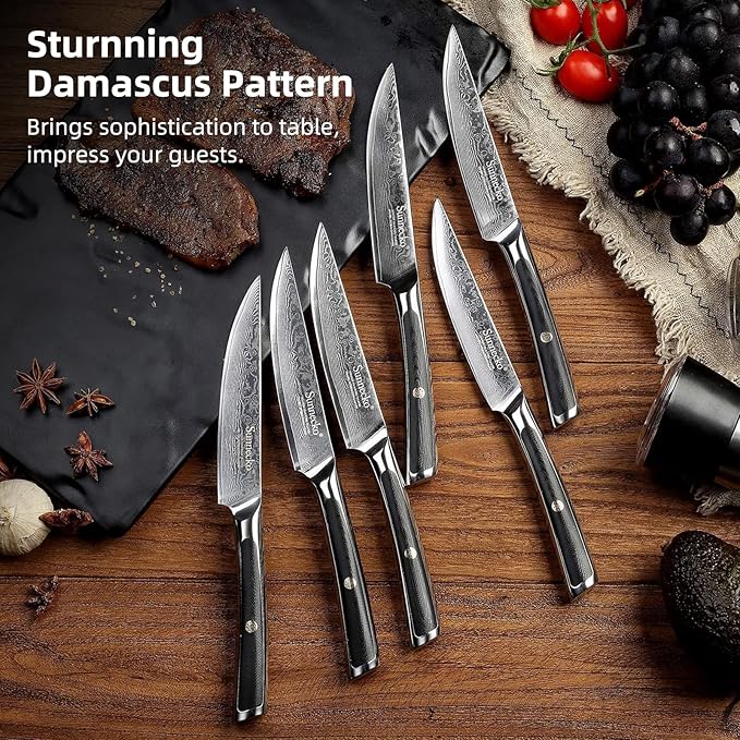 Sunnecko Damascus Steak Knives Set of 6 Non Serrated, Japanese VG10 Stainless Steel Steak knives Dishwasher Safe, 5 Inch Steak Knives G10 Handle with Wood Gift Box