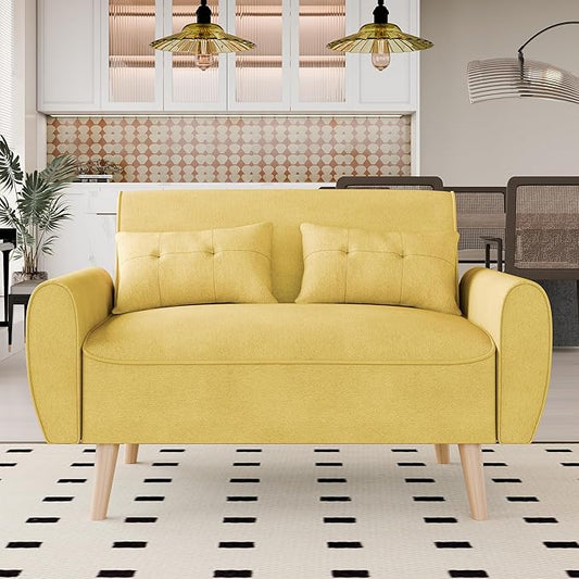 Vongrasig 47" Small Modern Loveseat Sofa, Mid Century Linen Fabric 2-Seat Sofa Couch Tufted Love Seat with Back Cushions and Tapered Legs for Living Room, Bedroom and Small Space (Yellow)