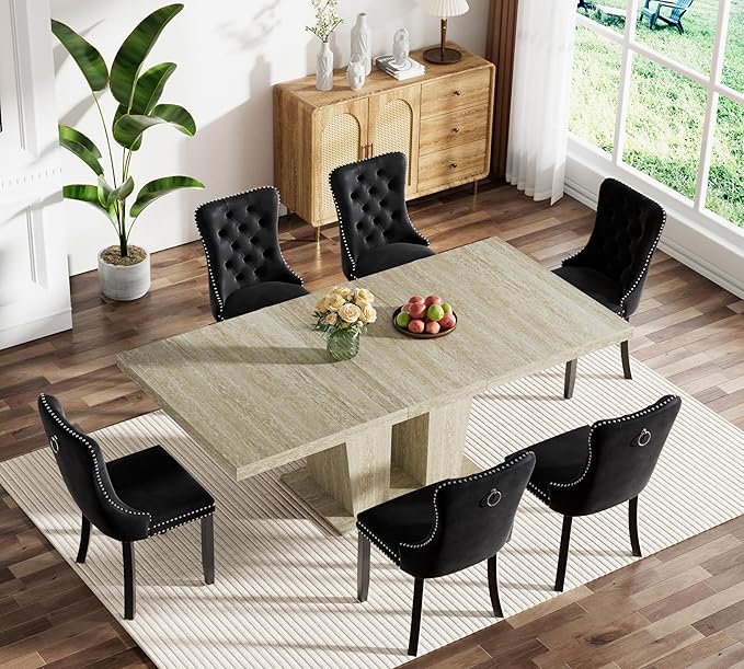 Goujxcy 7-Piece Extendable Dining Table Set for 6, 63-78 Inch Faux Travetine Kitchen Table Set with 6 Black Upholstered Chairs Modern Wood Expandable Dining Room Table Set for Kitchen Apartment