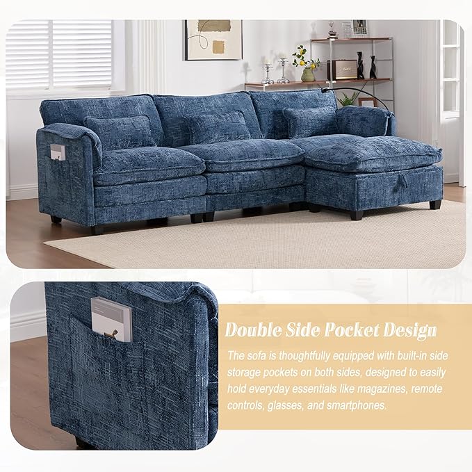 KEIKI 110" L-Shaped Boucle Modular Sectional Chenille Sofa with 1 Ottoman & Memory Foam Cushion & Phone Holder & USB, Upholstered Modern Oversized 4-Seater Couch, Easy Assembly, for Living Room, Navy