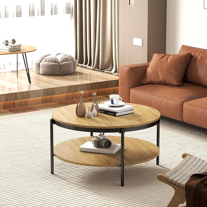 Manora Round Coffee Table with Storage Shelf, Rustic Wood Center Table with Black Metal Frame, Modern Circle Living Room Table for Small Spaces (Oak)