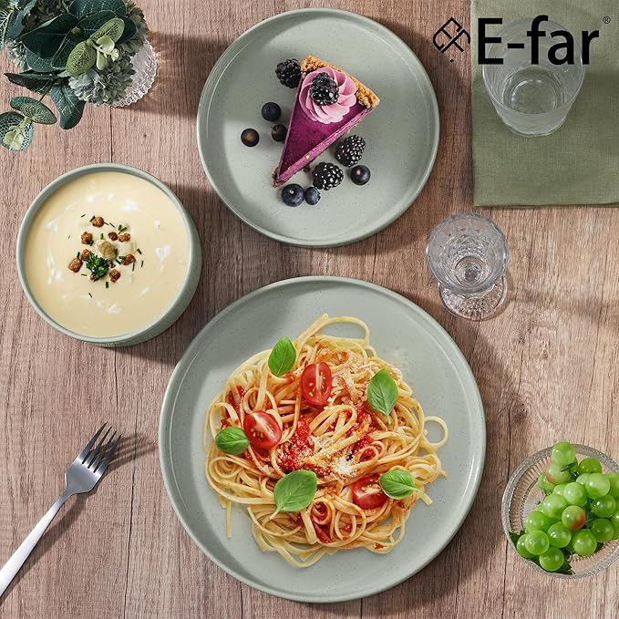 E-far Dinnerware Sets for 8, 24-Piece Stoneware Plates and Bowls Dish Set, Modern Kitchen Dinning Dishware, Chip and Scratch Resistant, Microwave & Dishwasher Safe, Speckled Green