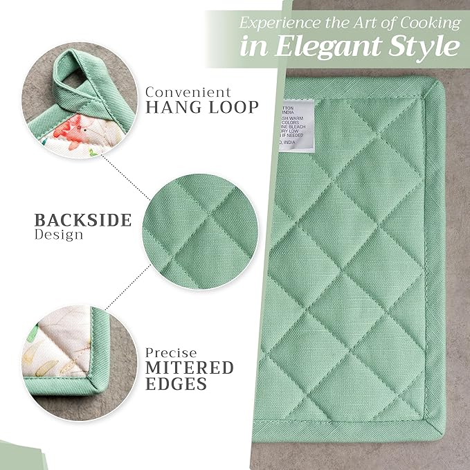 Maison d'Hermine Pot Holders 100% Cotton Heat Resistant Potholders 8" x 8" Hot Pads with Loop BBQ, Cooking, Baking, Grilling, Kitchen, Handling Hot Pans Spring/Summer (Pack of 1, Colmar)