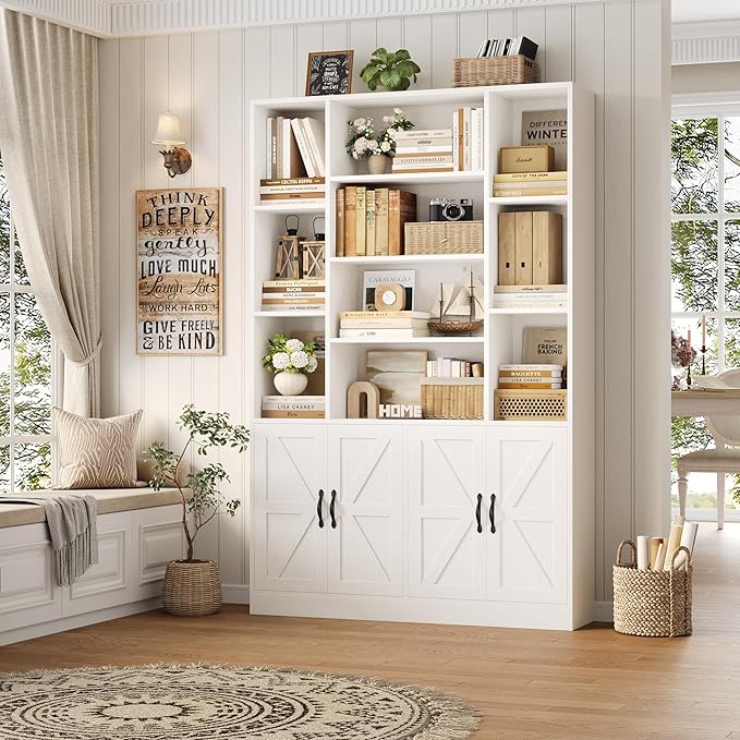HOSTACK 75” Tall Book Shelf and Bookcase, White Bookshelf with Storage Cabinet, 47” Wide Bookcase with 4 doors, Standing Display Shelves, Modern Farmhouse Book Case for Living Room, Home Office, White