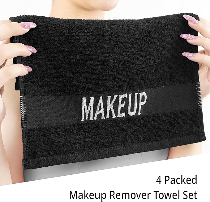 Cotton Paradise Makeup Remover Towels 4 Pack 100% Cotton 12x12 Inch Turkish Makeup Removal Face Cloths for Washing Face Soft Black Makeup Towel