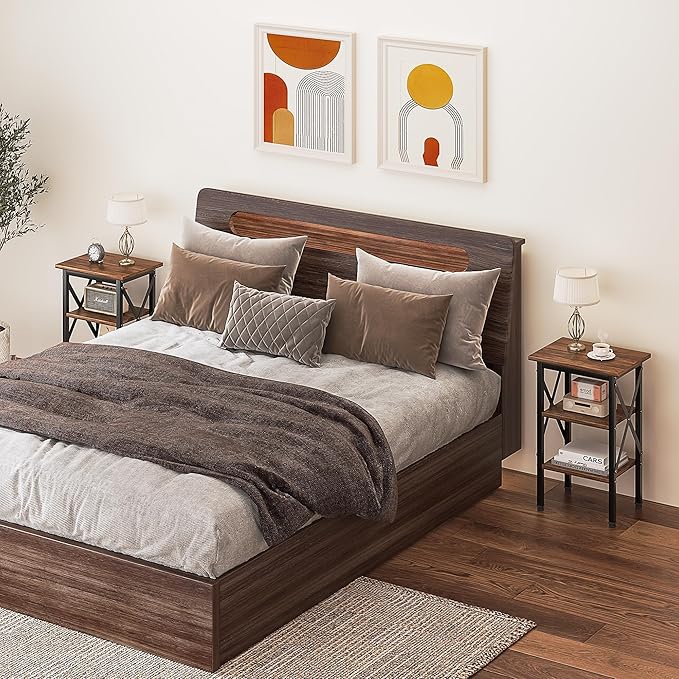 VECELO End Table, Bedside Table, 24" Tall Living Room End Tables, X-Design Reinforced Nightstands, Side Table with 3-Tier Storage Shelves for Small Spaces, Office, Bathroom, Bedroom, Rustic Brown