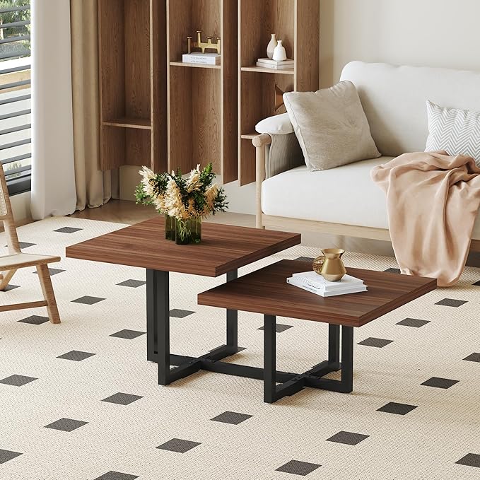 Modern Coffee Table,47" Double Layer Coffee Table,Walnut Color Square Center Tables for Living Room, Easy to Assemble and Clean