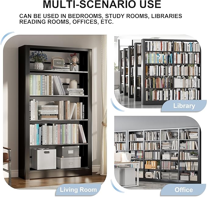 69" Bookshelf,5-Tier Bookshelf, Large Bookcases and Bookshelves,Taller and Wider Metal Storage Organizer, Sturdy Bookshelf for Living Room,Home Library (Black)