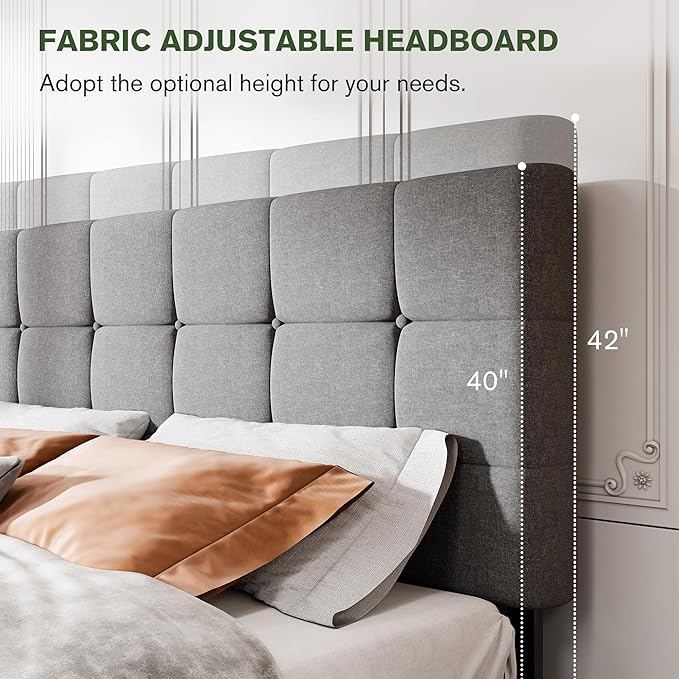 MUTICOR Queen Size Bed Frame with 4 Storage Drawers, Upholstered Platform Bed with Button Tufted Adjustable Headboard, No Box Spring Needed, Easy Assembly, Square Tufted, Light Grey Fabric