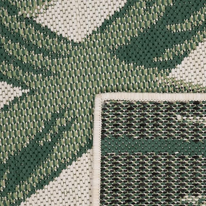 Tropical Outdoor Rug Palm Tree & Jungle Design Flatweave in Green Beige, Size: 6'7" x 9'6"