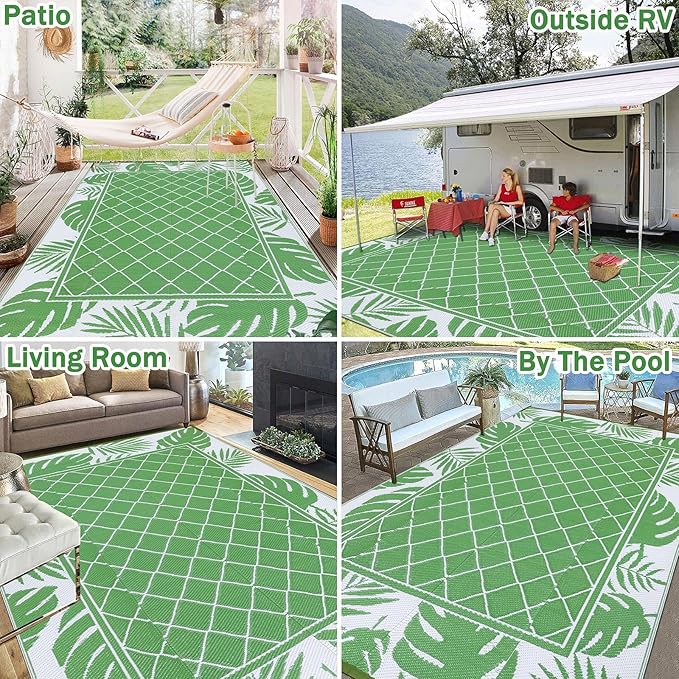 Ileading Outdoor Rug Carpet for Patio 6' x9' Waterproof Reversible Plastic Straw Rug Portable Outside Area Rug Camping Mat for Patio, Clearance, Balcony, Picnic, Pool, Beach, RV, Deck, Leaf Green