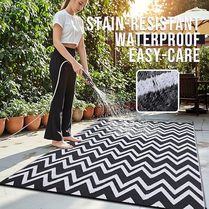 OLANLY Waterproof Outdoor Rug 9x12 ft Clearance, Reversible Outdoor Plastic Straw Rug, RV Mat, Indoor Outdoor Carpet for Patio, Camping, Balcony, Deck, Backyard, Black & White