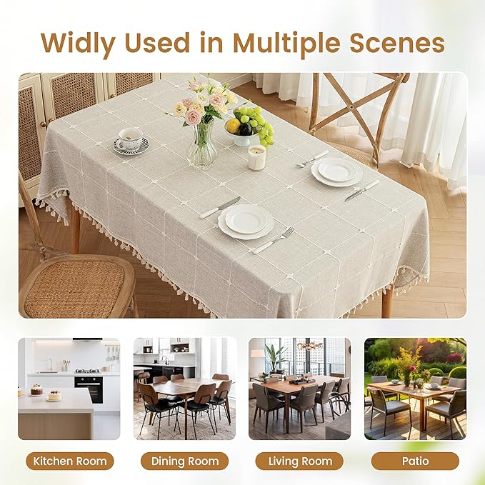 puredown® Plaid Rectangle Tablecloth, Waterproof Cotton Linen Tablecloth with Tassel, Rustic Farmhouse Table Cloths for Kitchen Dining Outdoor, 55"x86",6-8 Seats, Coffee
