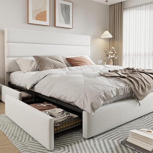 Allewie Modern King Size Platform Bed Frame with 4 Storage Drawers and Velvet Upholstered Headboard, Wooden Slats Support, Upholstered Mattress Foundation/No Box Spring Needed/Easy Assembly, White