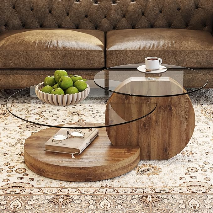 Glass Coffee Table, Modern Round Glass Coffee Table with Wooden Base, 3 Tier Round Coffee Table, Clear Cocktail Table with Storage for Living Room, Office, Balcony, Wood