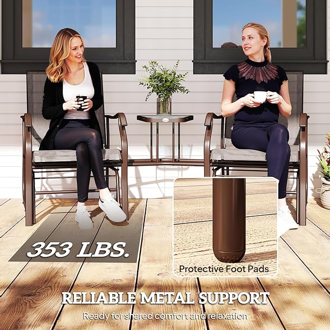 Outsunny Outdoor Glider Chairs with Coffee Table, Patio 2-Seat Rocking Chair Swing Loveseat with Breathable Sling for Backyard, Garden, and Porch, Coffee Brown