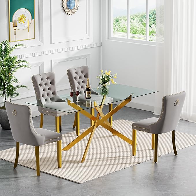 60.6'' Tempered Glass Dining Table for 4-6 People, Rectangle Kitchen Table with Gold X-Base Metal Legs, Adjustable Feet, Glass Top Desk for Home Office Gold Dining Room Table for 6