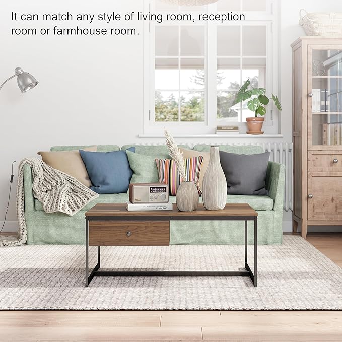 Manora Minimalist Coffee Table with Drawer, Modern Industrial Aesthetic Center Table for Living Room, Stylish Wood Modern Coffee Table with Storage, Walnut