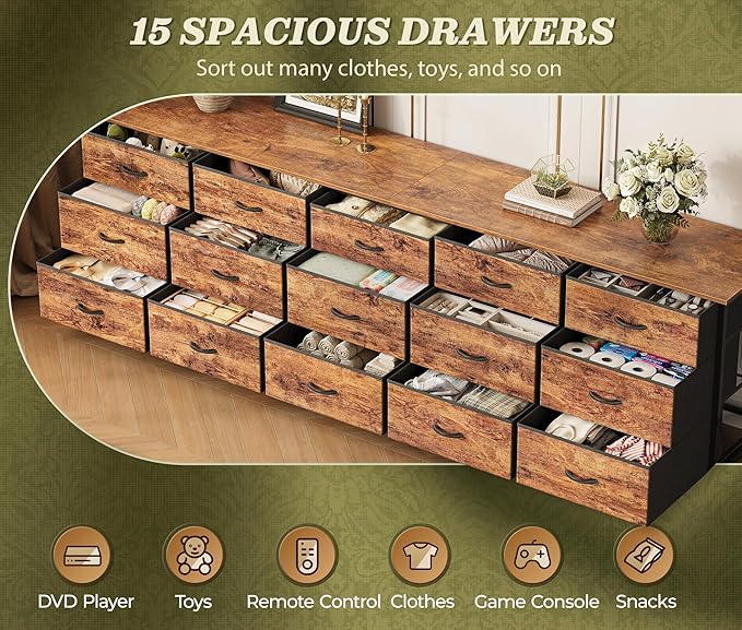 Huuger 78.7 inch Long Dresser for Bedroom, 15 Drawer Fabric Dresser for Closet, Large TV Stand for 65, 75, 85 inch TV, Wide Chest of Drawer with Storage, 78.7" W x 12.9" D x 26.7" H, Rustic Brown