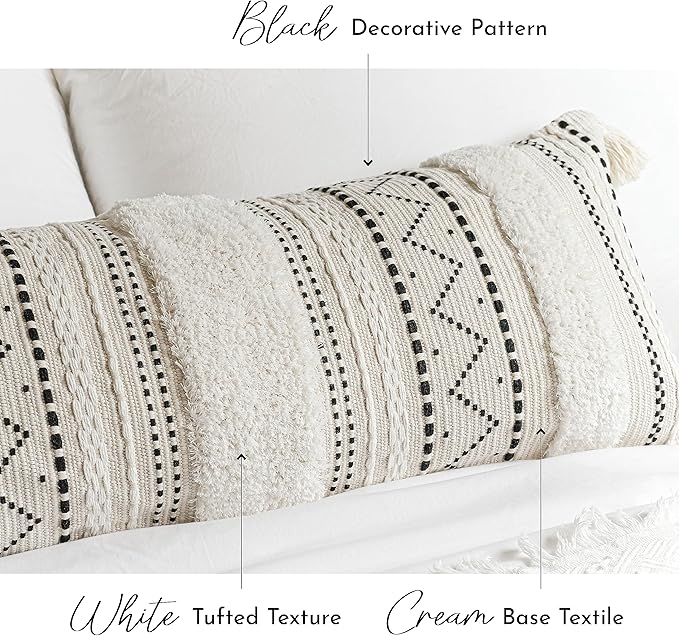 Black Neutral Decorative Lumbar Throw Pillow Cover 14x36 Boho Long Cushion for Bed Accent Farmhouse Pillowcase for Bedroom Living Room Couch Sofa Home Décor (Cover ONLY, Pack of 1)