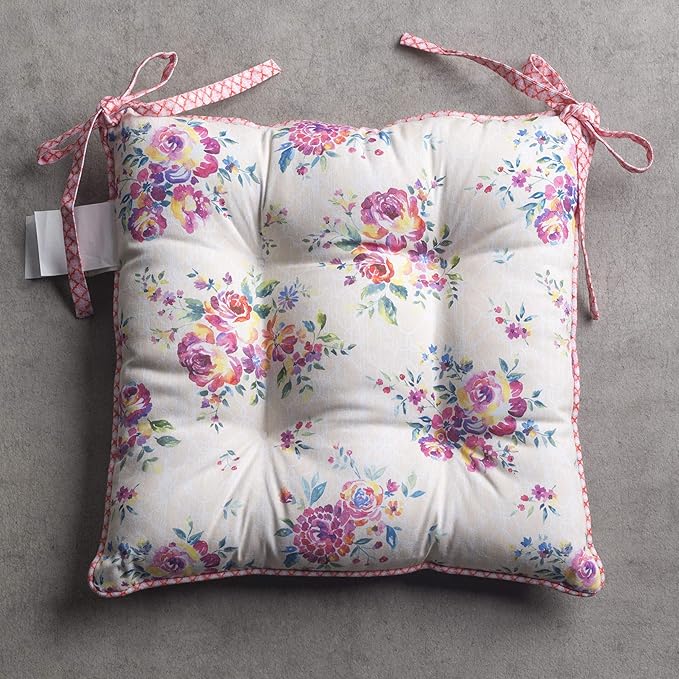 Maison d' Hermine Chair Pads for Dining Chairs Cotton Outer Fabric and Poly Filling 16"x16" Patio Seat Cushions for Furniture with Ties Home Chair Party Hall Farmhouse (Rose Garden, Pack of 2)