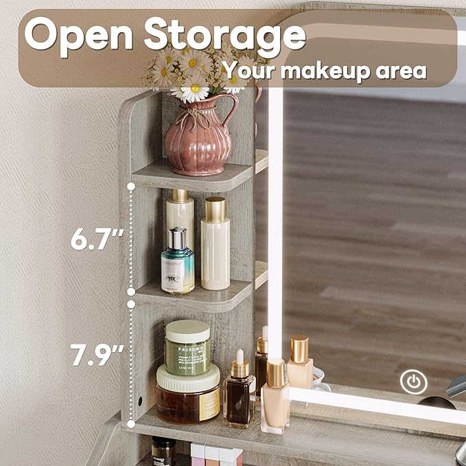 LIKIMIO Small Makeup Vanity Desk with Mirror and Lights, Vanity Table Set with Storage Drawer, Chair and Three Shelves, Bedroom, White Walnuts