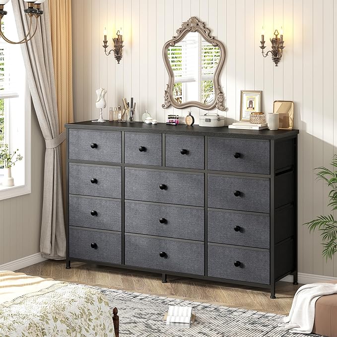 Grey Dresser with 13 Fabric Dresser，Tv Console for 40,50,55 inch, Entertainment Center, Storage Drawers for Living Room, Hallway, Entryway 47.2" Wx 33" H X 11.8" D