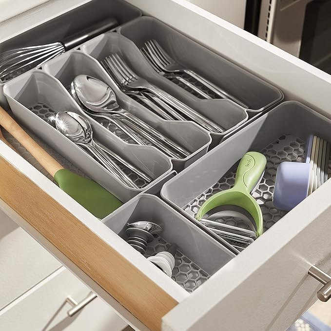 Spectrum HEXA 5-Divider Expandable Silverware Tray (Stone Gray) - In-Drawer Organizer for Kitchen Accessories, Cutlery, Knives, & More/Easy-to-Clean Home & Apartment Essential (Pack of 2)