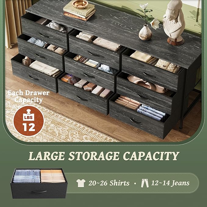 Huuger Long Dresser for Bedroom, 55 Inch TV Stand for 55, 60 Inch TV, Entertainment Center with Drawers, Large Storage, 9 Fabric Drawers Dresser for Closet, Charcoal Black Wood Grain Print