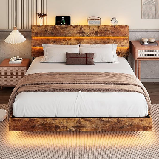 Floating Bed Frame King Size with Led Headboard and Charging Station, Metal Platform Bed Base with Storage, Remote Control, Heavy Slats Support, No Box Spring Needed, Noise Free, Vintage Brown