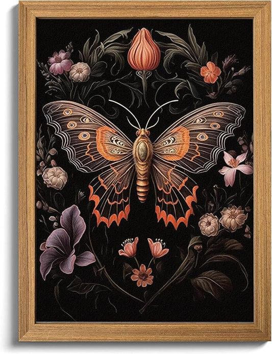 Framed Vintage 3D Textured Wall Art - Gothic Butterfly Wall Decor - Hand Drawn Sandstone Nature Botanical Pictures for Living Room Bedroom Home Decor 24x36in