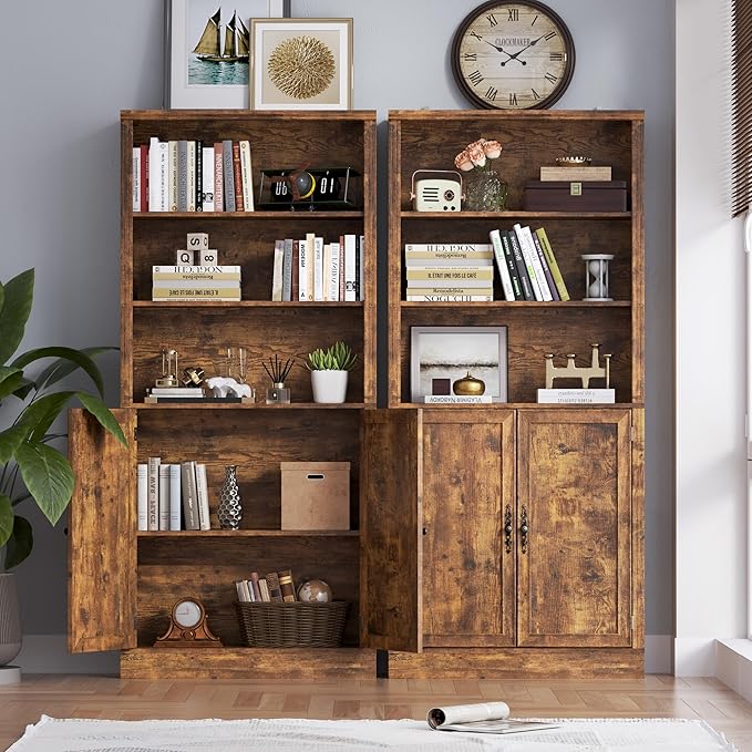 71.4" Tall Bookshelf with Cabinet, 5-Tier Floor Standing Bookcase with Doors & Adjustable Shelves, 31.5" Wide Storage Shelf, Metal Handles, Modern Organizer for Home Office, Living Room