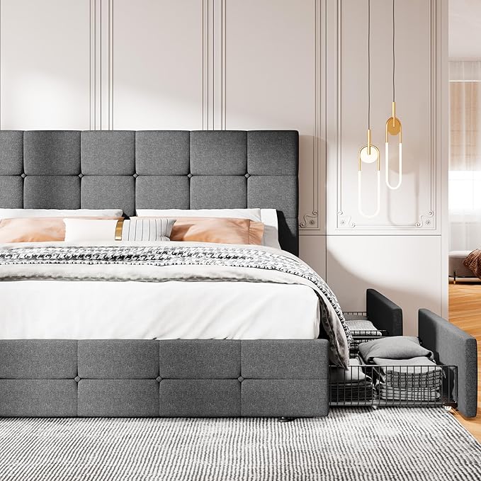MUTICOR Full Size Bed Frame with 4 Storage Drawers, Upholstered Platform Bed with Button Tufted Adjustable Headboard, No Box Spring Needed, Easy Assembly, Square Tufted, Dark Grey Fabric