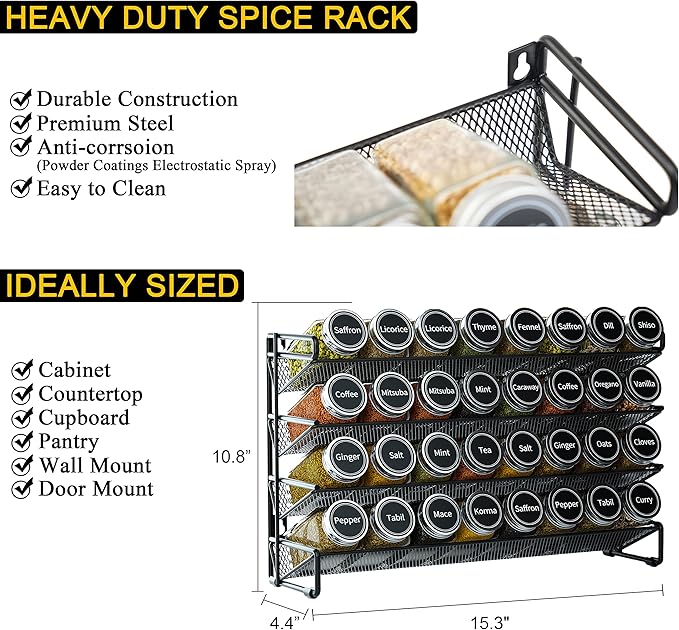 SpaceAid Spice Rack Organizer with 32 Spice Jars, 386 Spice Labels, Chalk Marker and Funnel Set for Cabinet, Countertop, Pantry, Cupboard or Door & Wall Mount - 32 Jars, 15.3" W × 10.8" H, Black