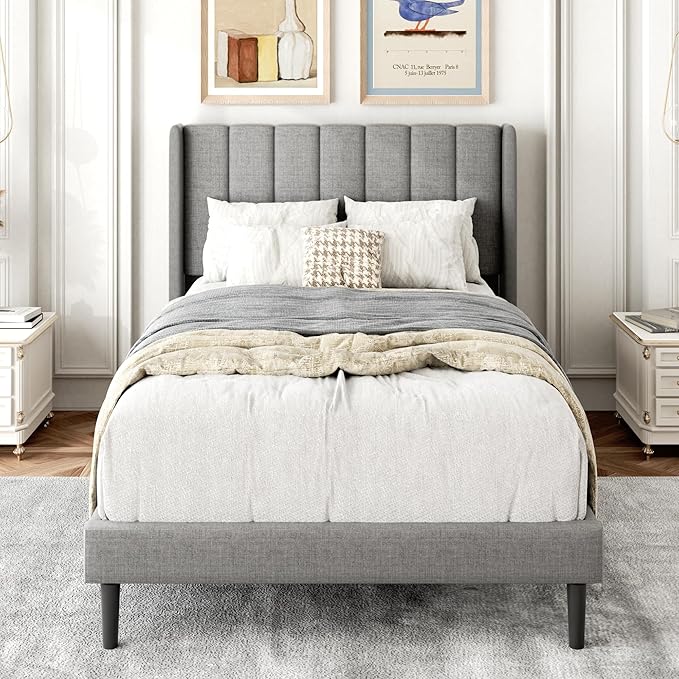 Twin Bed Frames with Wingback Headboard, Upholstered Platform Beds, No Box Spring Needed Sturdy Wooden Slat Support, Easy Assemble, Light Gray