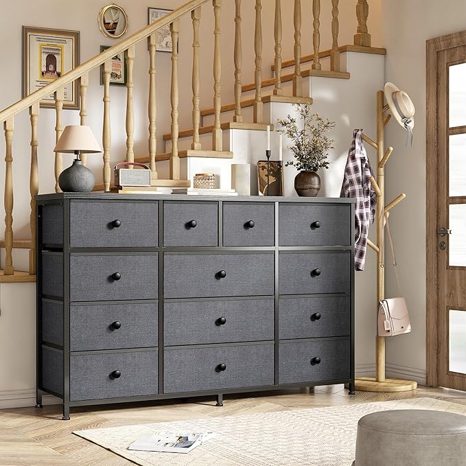 Grey Dresser with 13 Fabric Dresser，Tv Console for 40,50,55 inch, Entertainment Center, Storage Drawers for Living Room, Hallway, Entryway 47.2" Wx 33" H X 11.8" D