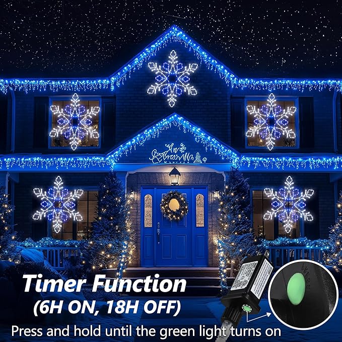 Joomer 35'' Christmas Large Snowflake Lights Decoration Waterproof Outdoor Christmas Lights Super Bright with Timer for Home Party Wall Hanging Light (White & Blue)