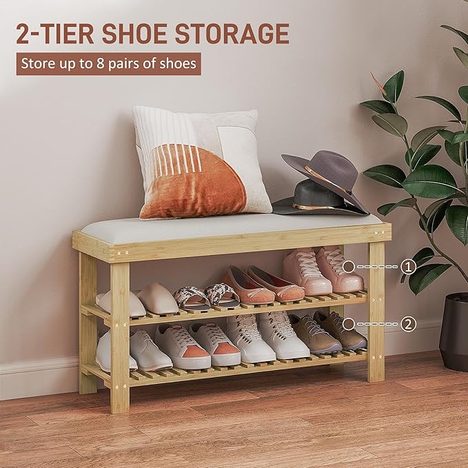 HOMCOM Bamboo Shoe Bench, 3-Tier Entryway Bench with Storage and Cushion, Shoe Organizer for Entryway, Hallway, Holds Up to 331 lbs, 35.4 x 11.4 x 19.3 Inches, Cream White