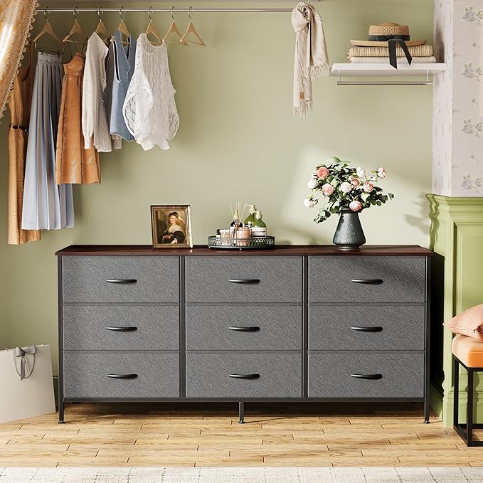Huuger 9 Drawer Dresser for Bedroom, 47 Inch Dresser TV Stand for 50, 55 Inch TV, Entertainment Center for Bedroom, Fabric Storage with Drawer, Closet, Dark Grey