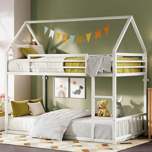 LIKIMIO Bunk Bed Twin XL Over Twin XL, Metal Bunk Bed Frame with Ladder and Guardrail, House Shaped with Metal Slats for Dormitory and Bedroom, Space Saving, No Box Spring Needed, White