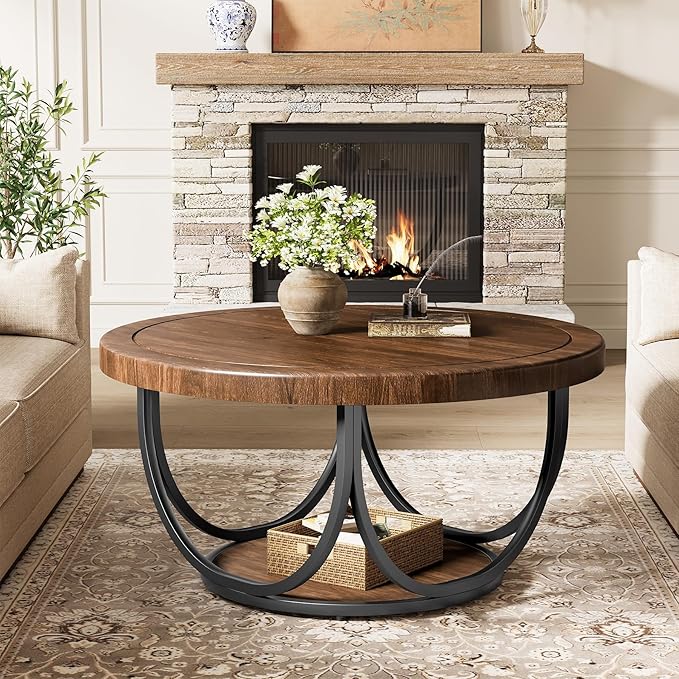 Tribesigns Round Coffee Table with 2 Tiers, 35.4" Wooden Circle Accent Cocktail Table with Storage Shelf and Metal Frame, Industrial Center Tables for Living Room, Brown & Black