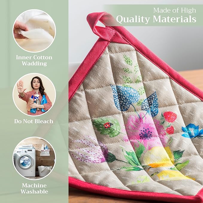 Maison d' Hermine Pot Holders 100% Cotton Heat Resistant Potholders 8" x 8" Hot Pads with Loop BBQ, Cooking, Baking, Grilling, Kitchen, Handling Hot Pans Spring/Summer (Pack of 1, Jardin D'Ete - Fog)