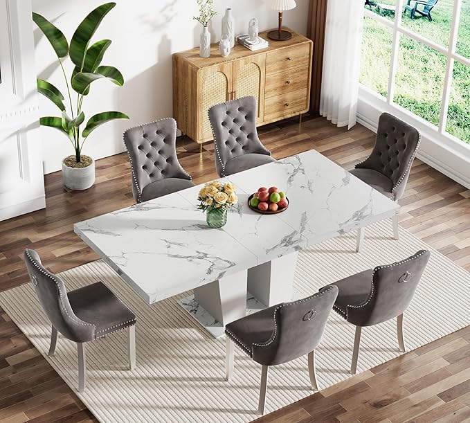Goujxcy 7-Piece Extendable Dining Table Set for 6-8 People 63-78 Inch Kitchen Table Set with 6 Grey Upholstered Chairs Modern White Faux Marble Rectangular Dining Room Table Set for Kitchen Apartment