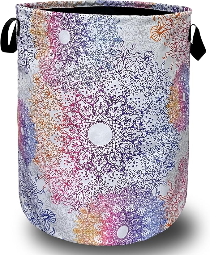 Colorful Mandala Flowers Laundry Basket Foldable With Handles Tote Bag Oxford Cloth Gradiently Laundry Hamper 18.9" x 16.5 "Clothe Storage Bucket Toy Organizer For Bathroom/Laundry/Bedroom