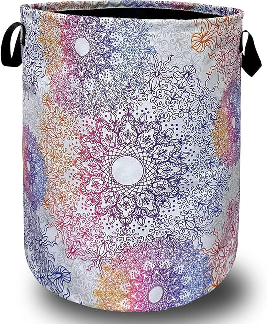 Colorful Mandala Flowers Laundry Basket Foldable With Handles Tote Bag Oxford Cloth Gradiently Laundry Hamper 18.9" x 16.5 "Clothe Storage Bucket Toy Organizer For Bathroom/Laundry/Bedroom